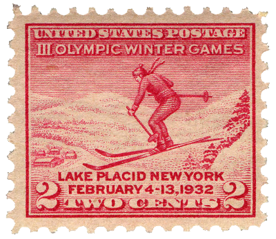 A red woodcut postal stamp showing a skier jumping, III Olympic Winter Games, Lake Placid NY, February 4-13, 1932, Two cents