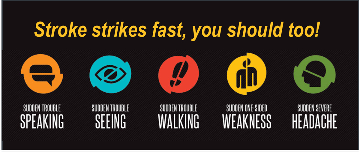 Stroke strikes fast, you should too! Sudden trouble speaking, sudden trouble seeing, sudden trouble walking, sudden one-sided weakness, sudden severe headache.